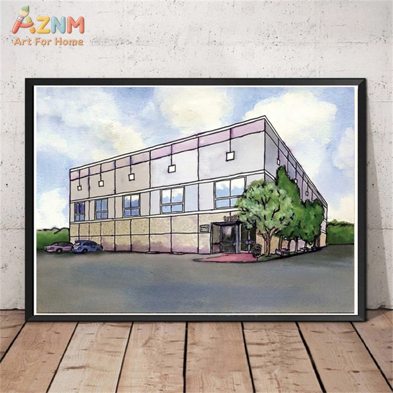 Commercial Wall Printing - Акварельный пейзаж современного коммерческого здания AZNM,
